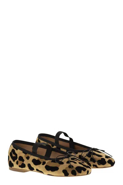 Anniel Leather Ballerina With Animal Pattern And Elastic Band In Brown