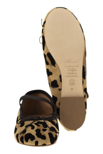 Anniel Leather Ballerina With Animal Pattern And Elastic Band In Brown