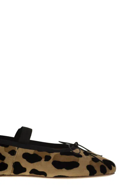 Anniel Leather Ballerina With Animal Pattern And Elastic Band In Brown