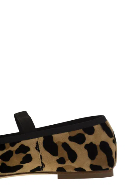 Anniel Leather Ballerina With Animal Pattern And Elastic Band In Brown