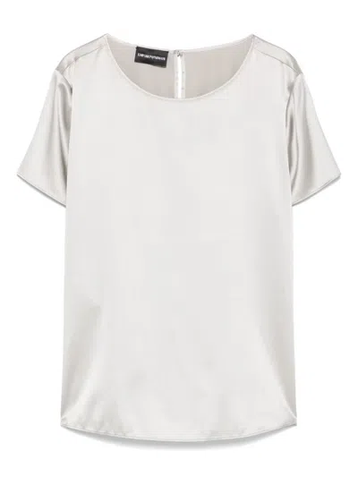 Emporio Armani Round Neck Silk Top With Short Sleeves In Grey