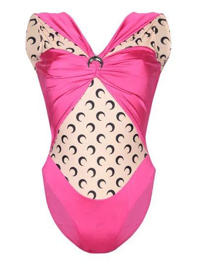 Marine Serre Long Sleeve Jersey Bodysuit With Moon Motif In Pink