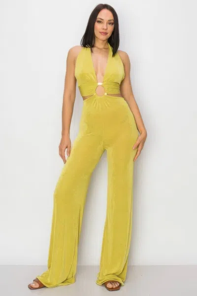 Fashnzfab Women's Olid Slinky Wide Legs Jumpsuit In Green
