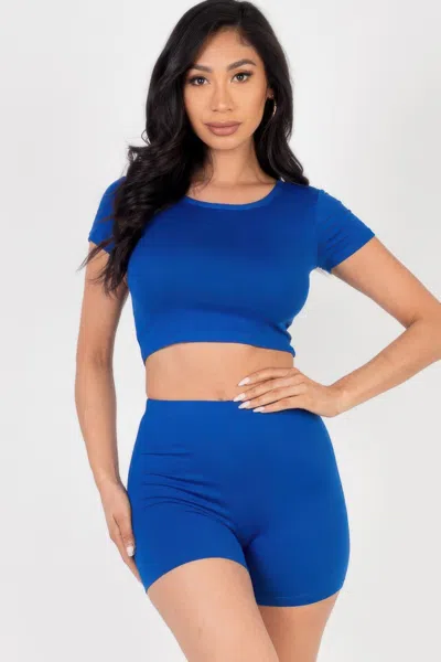 Fashnzfab Women's Short Sleeve Crop Top & Shorts Set In Blue