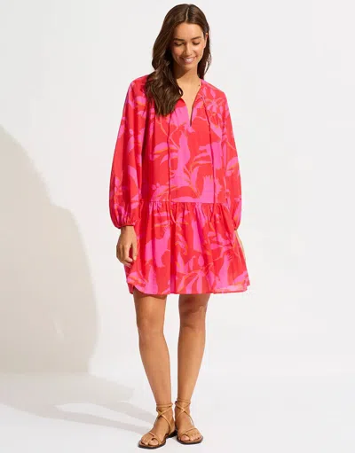 Seafolly Birds Of Paradise Dress Womens Xl Pink Cotton Tiered Puff Sleeve Erk351 (pink,regular,xl) In Red