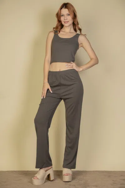 Fashnzfab Women's Flat Back Rib 3 Pieces Cami Top With Pants And Long Cardigan Set In Grey