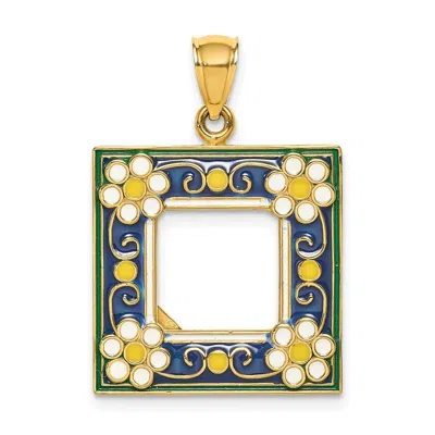 Diamond2deal 14k Yellow Gold Enamel Navy Floral Picture Frame Charm In Yellow