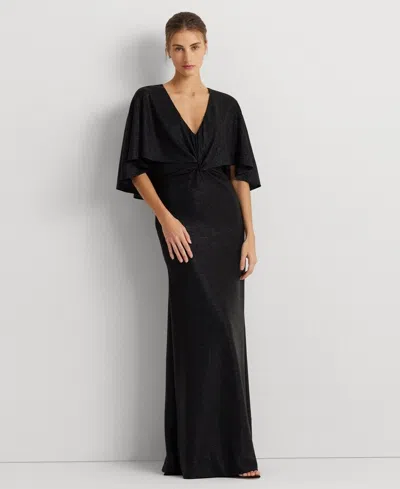 Ralph Lauren Metallic Knit Twist-front Cape Gown In Black
