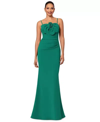 Betsy & Adam Ruched Gown Women 8 Green Floral Scuba Crepe Spaghetti Strap Erk135 In Green