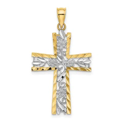 Diamond2deal 14k Yellow Gold Rhodium Diamond-cut Flower Design Cross Charm In Yellow