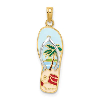 Diamond2deal 14k Yellow Gold Rhodium 3d Enamel Palm Tree Bucket Flip-flop Charm In Yellow