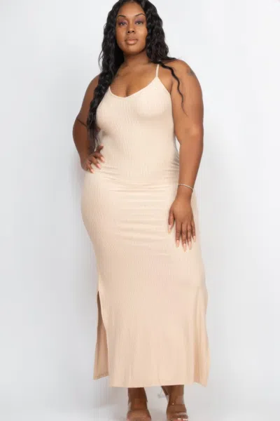 Fashnzfab Women's Plus Size Ribbed Side Slit Long Cami Maxi Dress In Green
