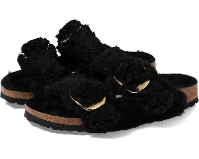 Birkenstock Arizona Shearling Slides With Large Buckle In Black
