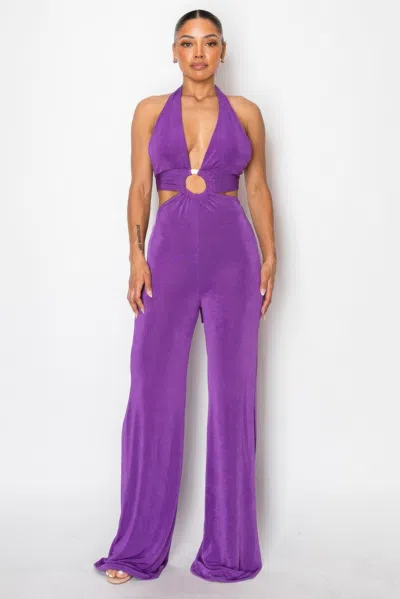 Fashnzfab Women's Olid Slinky Wide Legs Jumpsuit In Purple