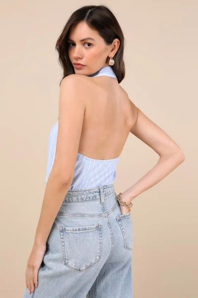 Lulus Aeres Blue Pinstriped Button-front Collared Halter Bodysuit In Blue