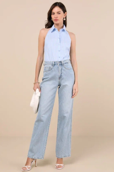 Lulus Aeres Blue Pinstriped Button-front Collared Halter Bodysuit In Blue