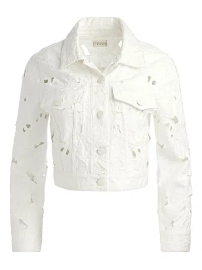 Alice And Olivia Chloe Eyelet-embroidered Denim Jacket In Off White