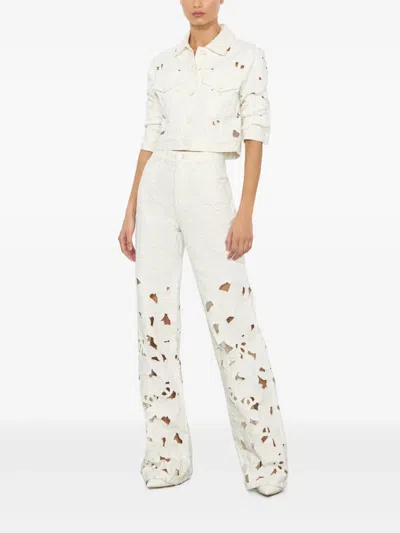 Alice And Olivia Chloe Eyelet-embroidered Denim Jacket In Off White