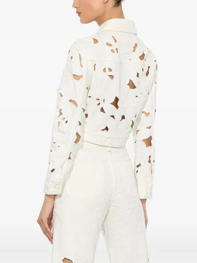 Alice And Olivia Chloe Eyelet-embroidered Denim Jacket In Off White
