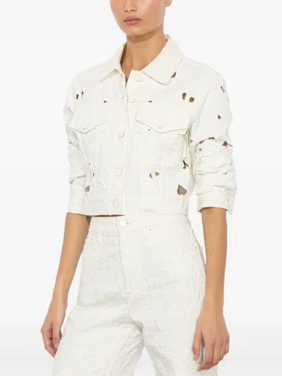 Alice And Olivia Chloe Eyelet-embroidered Denim Jacket In Off White