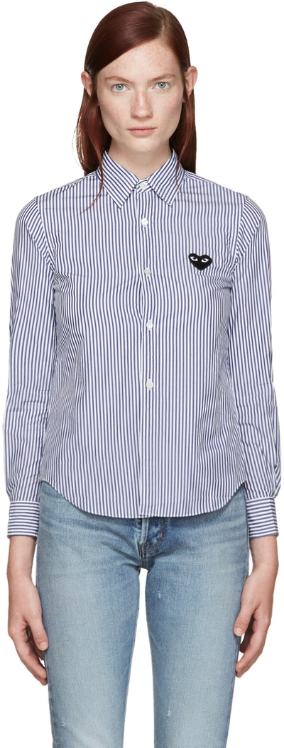 Shop Comme Des Garçons Play Blue & White Striped Heart Shirt