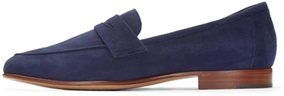 Shop Mansur Gavriel Navy Suede Classic Loafers