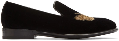 Shop Alexander Mcqueen Black Velvet Buttefly Loafers