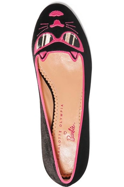 Shop Charlotte Olympia + Barbie® Kitty Embroidered Velvet Slippers