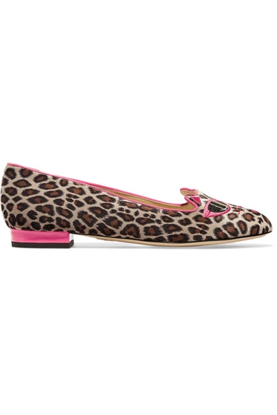 Shop Charlotte Olympia + Barbie® Kitty Embroidered Leopard-print Velvet Slippers