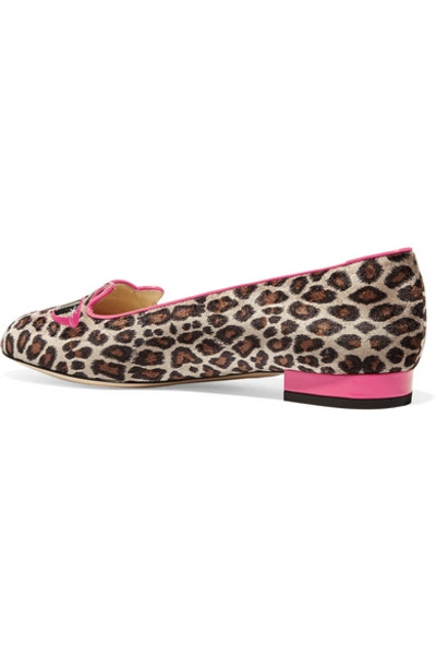 Shop Charlotte Olympia + Barbie® Kitty Embroidered Leopard-print Velvet Slippers