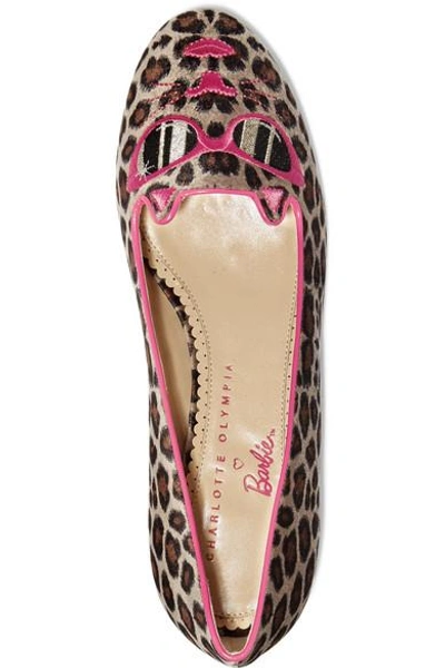 Shop Charlotte Olympia + Barbie® Kitty Embroidered Leopard-print Velvet Slippers