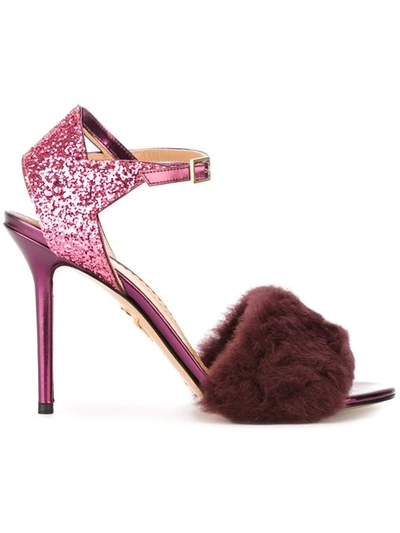 Charlotte Olympia Capella Shearling And Glittered Metallic Leather Sandals In Rose-qtz