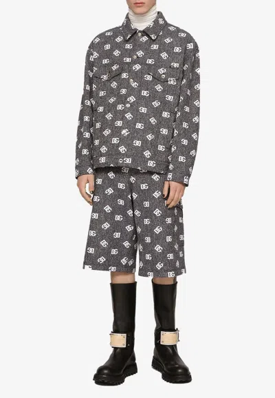 Dolce & Gabbana Printed Denim Stretch Bermuda Shorts In Gray