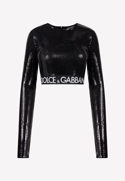 Dolce & Gabbana Long Sleeve Embellished Crop Top In Black
