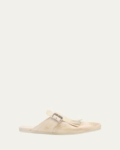 Prada Vitello Leather Fringe Shuffle Mule Loafers In Talco
