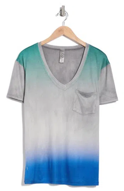 Go Couture V-neck Pocket T-shirt In Charcoal Mint To Blue Print
