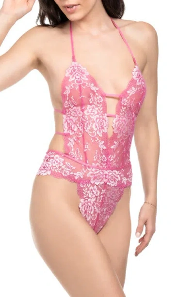 In Bloom By Jonquil Annalee Embroidered Lace Thong Teddy In Orchid Pink