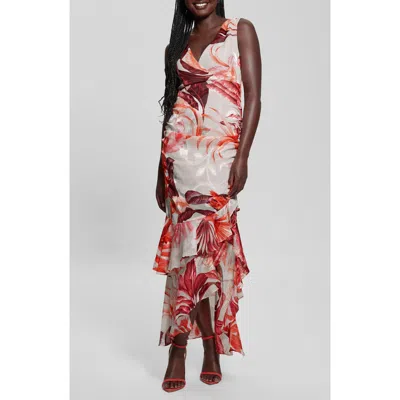 Guess Women's Ava Printed Mesh Ruffled Maxi Dress In Tropic Eclipse Print Coral