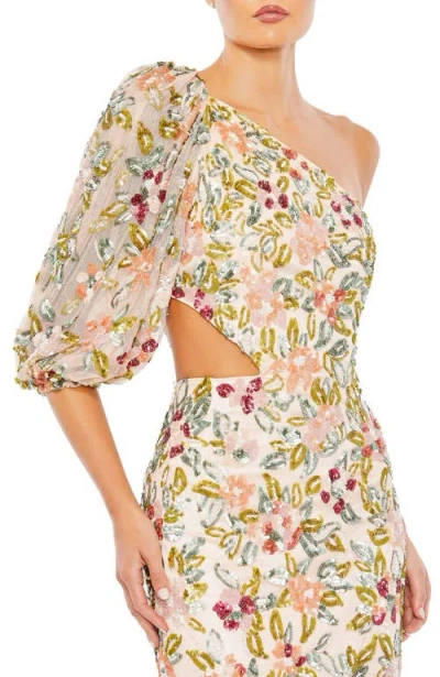 Mac Duggal A5567 Print Long Formal Slit Dress In Nude Multi