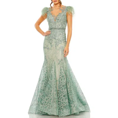 Mac Duggal Embellished Feather Cap Sleeve Illusion Neck Trumpet Gown In Green