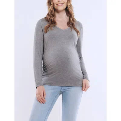 Motherhood Maternity V-neck Side-ruched Maternity Long Sleeve Tee In Heather Grey