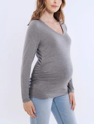 Motherhood Maternity V-neck Side-ruched Maternity Long Sleeve Tee In Heather Grey