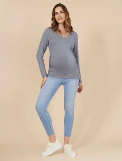 Motherhood Maternity V-neck Side-ruched Maternity Long Sleeve Tee In Heather Grey