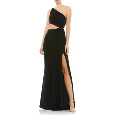 Mac Duggal One Shoulder Ruched Cut Out Jersey Gown In Black