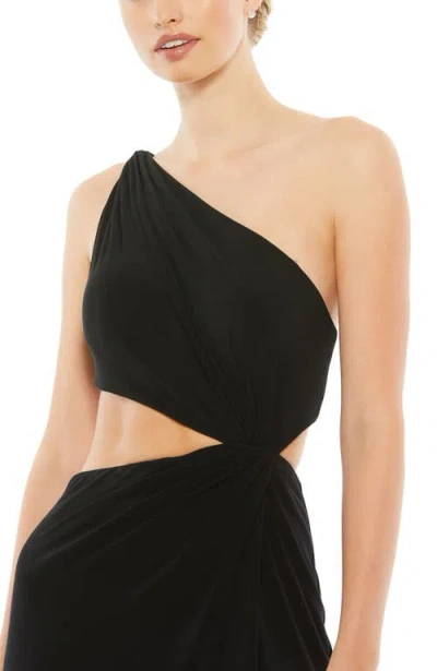 Mac Duggal One Shoulder Ruched Cut Out Jersey Gown In Black