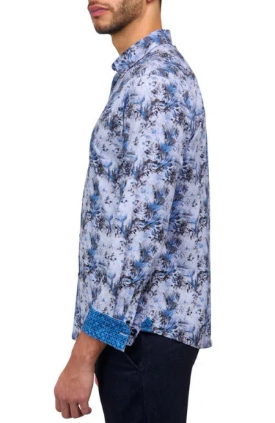 Brooklyn Brigade Men's Non-iron Performance Stretch Moisture-wicking Abstract Leaf-print Button-down Shirt In Lt Blue