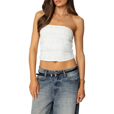 Edikted Georgette Lacey Ruffle Tube Top In White