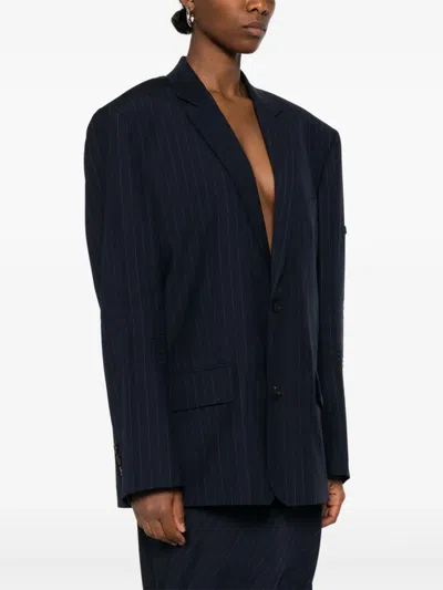 Balenciaga Wool Blazer With Embroidered Pinstripe Pattern In Blue