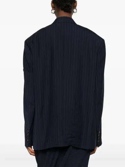 Balenciaga Wool Blazer With Embroidered Pinstripe Pattern In Blue
