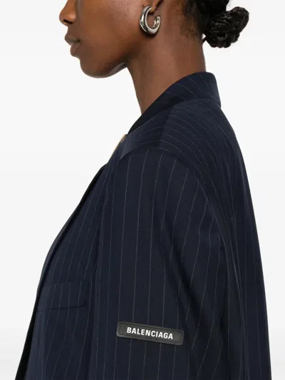 Balenciaga Wool Blazer With Embroidered Pinstripe Pattern In Blue